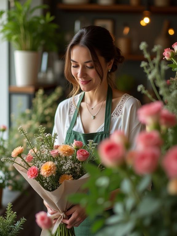 La proprietaria di Onda Verde mentre compone un bouquet nel suo negozio.