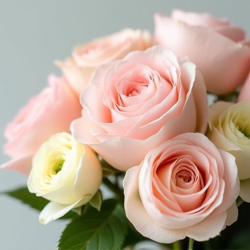 Dettaglio di un mazzo di fiori personalizzato con rose e peonie.