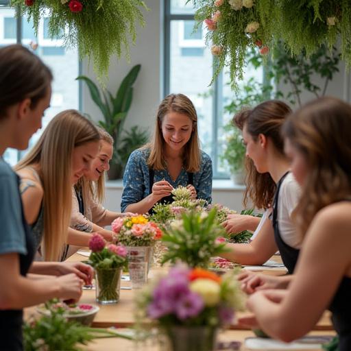 Un gruppo di persone durante un laboratorio di composizione floreale.